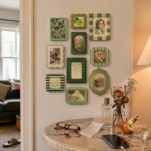 May include: A collection of framed art pieces in various shapes and sizes, arranged on a wall. The frames are primarily green, with floral and landscape artwork. A table in the foreground holds a perfume bottle, a vase of flowers, and a smartphone.