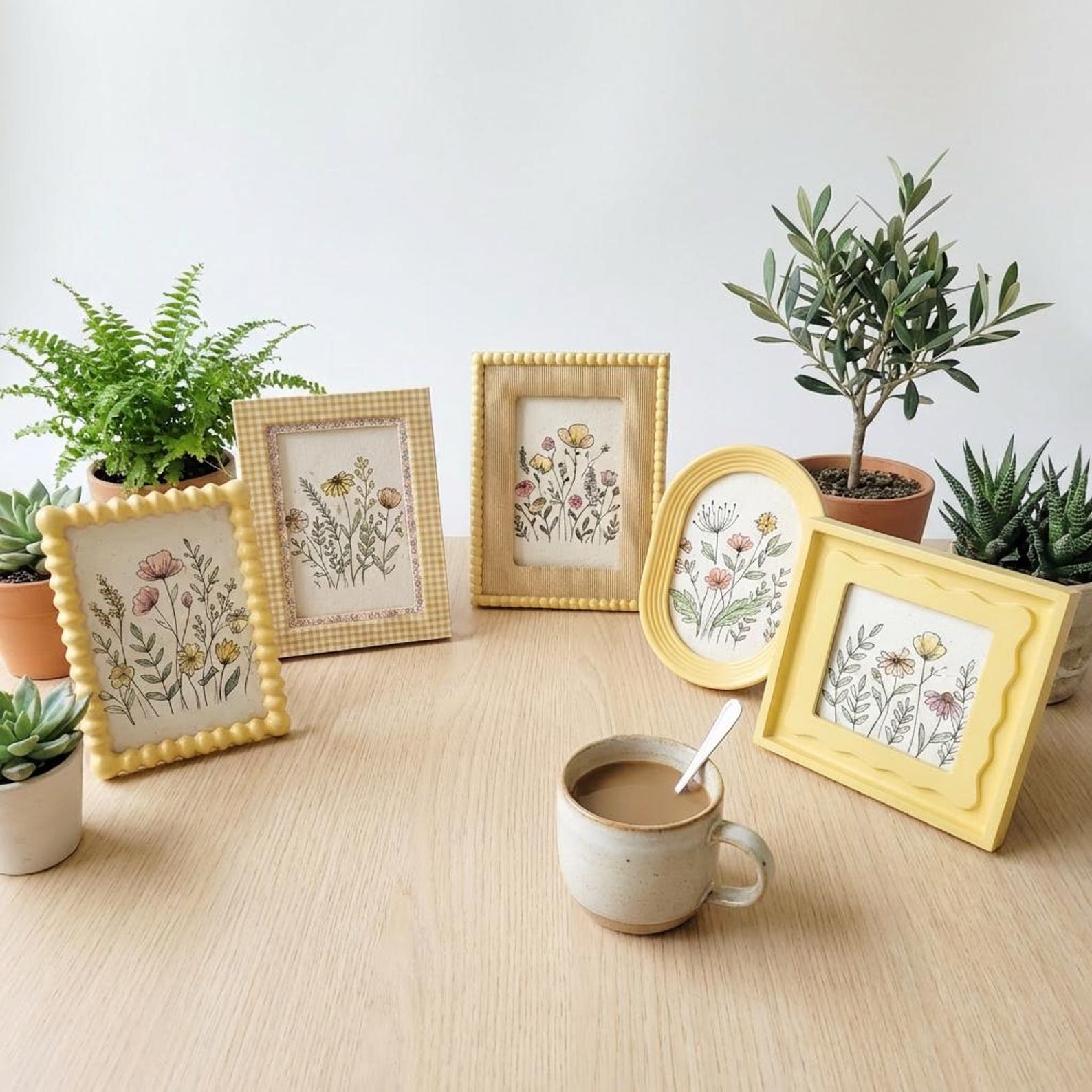 Yellow Picture Frame Set – Vintage Scalloped & Beaded Frames – 4x4 4x6 Photo Frames – Single or Set of 5