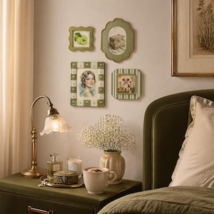 May include: A bedroom scene featuring a gold-toned lamp with a floral shade, a green velvet nightstand, and framed art. The art includes a portrait, a still life, and a picture of a dog. A vase of white flowers and a cup of coffee are also on the nightstand.