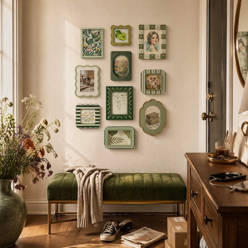 May include: A collection of framed art pieces in various shapes and sizes, arranged on a wall. The frames are in shades of green and white, with botanical and portrait imagery. A green velvet bench with gold legs sits below the artwork.