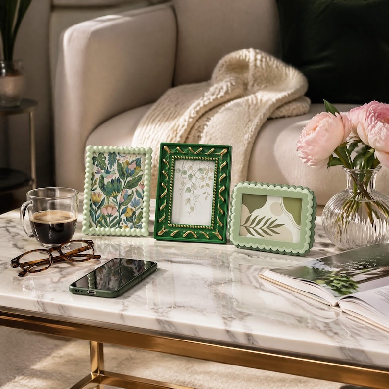 May include: Three decorative picture frames in shades of green sit on a marble coffee table. One frame has a floral print, another is a solid green, and the third has a scalloped edge. A cup of coffee, glasses, and a phone are also on the table.