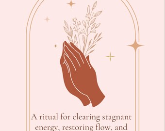 May include: A guide titled "THE HOME ENERGY CLEANSE GUIDE" with a light brown illustration of hands holding plants. The text below reads "A ritual for clearing stagnant energy, restoring flow, and welcoming abundance." The background is a soft pink.