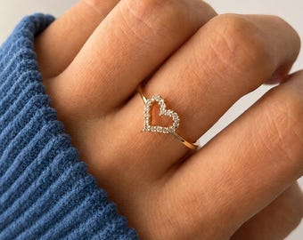 14K Gold Open Heart Diamond Ring Minimalist Heart Promise Ring Dainty Gold Ring for Women Anniversary Gift Jewelry