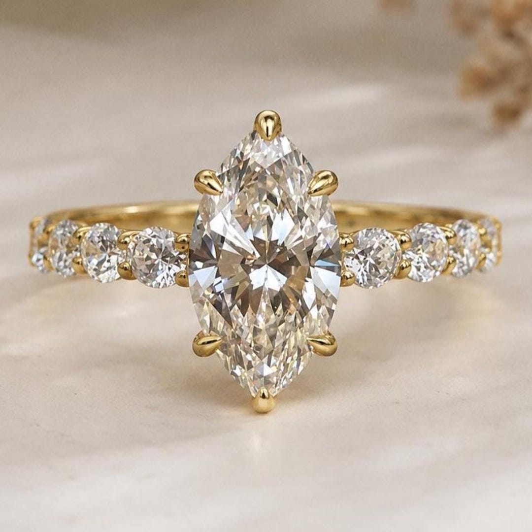 3 CT Marquise Cut Lab Grown Diamond Ring 14K Yellow Gold Engagement ...