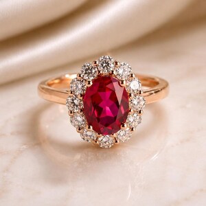 14K Rose Gold Oval Cut Ruby Halo Engagement Ring 3 CT Gemstone Ring Vintage Style July Birthstone Ring Anniversary Gift