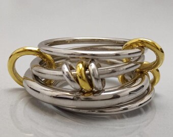Two-Tone Linked Band Ring, 14K Gold and Silver Statement Ring