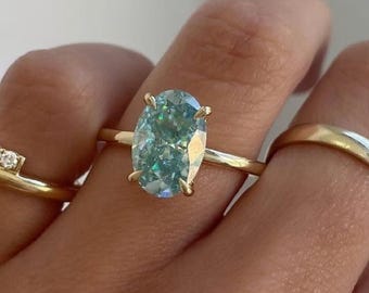 3.10カラット オーバルカット グリーン モアッサナイト エンゲージリング ソリティア 結婚指輪 ヒドゥンハロー プロミスリング 18金 ブライダルリング 記念日ギフト/リング