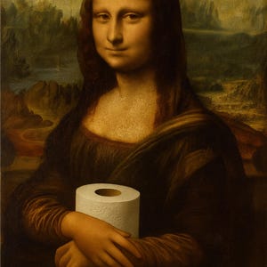 Puede incluir: Una parodia de la pintura de la Mona Lisa, que presenta a la icónica figura sosteniendo un rollo de papel higiénico blanco. La obra de arte mantiene la paleta de colores cálidos y la iluminación suave del original, con un toque moderno y humorístico.