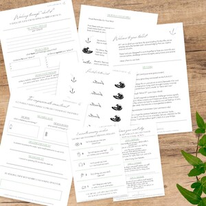 May include: A set of white paper sheets featuring handwritten text and illustrations. The sheets contain prompts for self-reflection, with titles such as "Working through 'what if?'" and "Welcome to your toolkit." The pages are decorated with anchor and wave graphics.