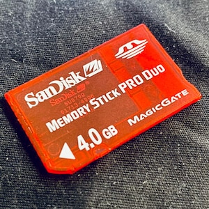 May include: A red SanDisk Memory Stick PRO Duo 4.0 GB card. The card has white text that reads "SanDisk", "MEMORY STICK PRO DUO", and "MAGICGATE". The card is rectangular with rounded corners.