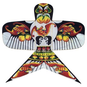 May include: A colorful kite with a central design featuring a bat and peaches, set against a white and black background. The kite has a bird-like shape with wings and a tail, and the text "G & Z" is visible.