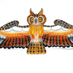 May include: A hand-painted wooden owl kite with brown, orange, and gray feathers. The owl has large, round eyes and a beak.