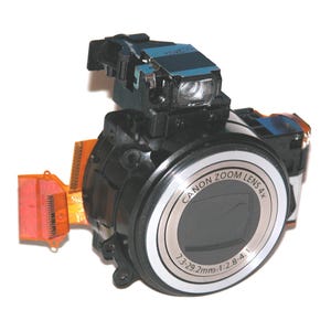May include: A disassembled Canon Zoom Lens 4x camera component. The black and silver lens assembly features the Canon logo and lens specifications. The camera component has orange and blue accents and is set against a white background.
