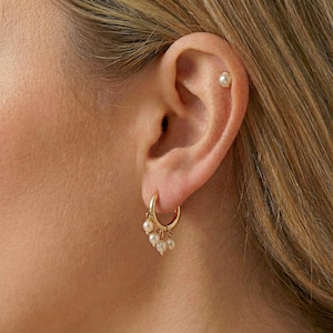May include: Close-up of a person's ear adorned with gold hoop earrings. The earrings feature small, dangling pearls. A single pearl stud earring is also visible in the upper ear. The jewelry is set against the backdrop of the person's skin and hair.