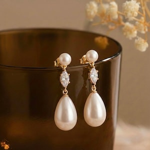 Pendientes colgantes de perlas en forma de lágrima, pendientes de perlas de agua dulce en forma de lágrima, elegantes joyas de novia, regalo para ella