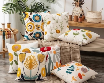 Embroidered Floral Pillow Covers | Boho Tufted Flower Cushion for Couch, Farmhouse Home