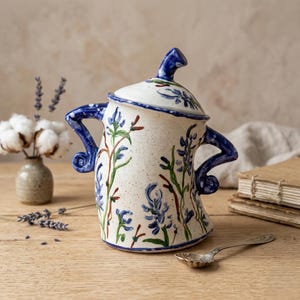 Hand-Painted Lavender Floral Ceramic Sugar Bowl, Whimsical Stoneware Jar
