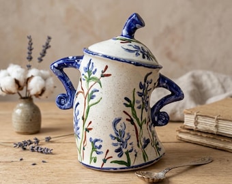 Hand-Painted Lavender Floral Ceramic Sugar Bowl, Whimsical Stoneware Jar