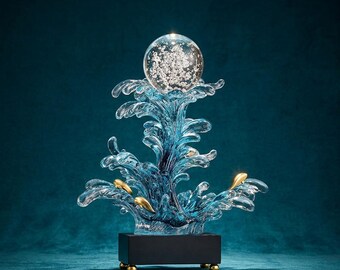 Handblown Blue Glass Wave Sculpture with Crystal Sphere – Modern Nautical Decor