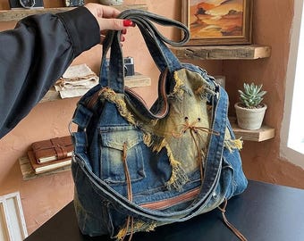 Distressed Denim Patchwork Tote Bag | Boho Upcycled Jean Shoulder Bag, Y2K Hobo Purse
