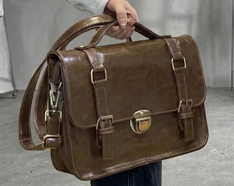 Vintage Brown Leather Satchel – Retro Crossbody Briefcase for Laptop Work