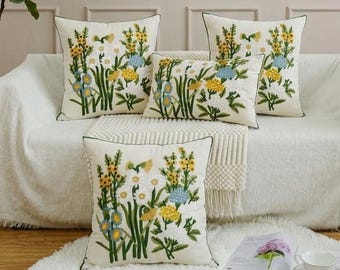 Embroidered Wildflower Pillow Covers | Hand-Stitched Floral Cushion Set