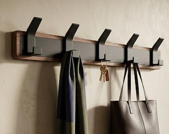 Modern Walnut Coat Rack – Minimalist Entryway Wall Hook, Matte Black Metal Finish