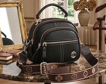 Black Leather Satchel Bag, Floral Pattern Strap, Multi-Pocket Shoulder Bag