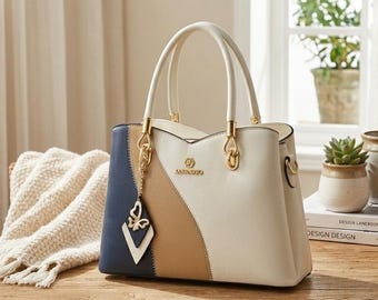 Tri-Color Designer Leather Satchel – Navy, Cream, Beige Geometric Patchwork Tote Bag
