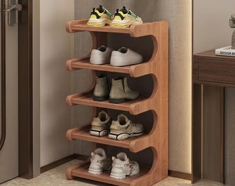 Bamboo Wood Shoe Rack, 5/6 Tier Storage Organizer, Space-Saving Entryway Stand