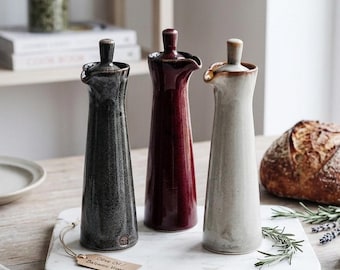 Ceramic Oil and Vinegar Dispenser Set – Stoneware Cruets with Marble Tray