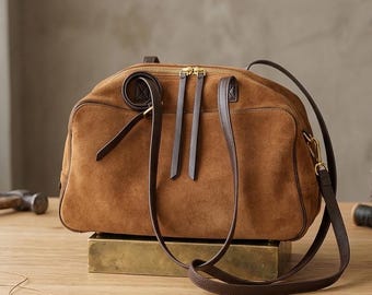 Genuine Suede Brown Duffle Handbag with Textured Leather Straps and Gold-Tone Hardware
