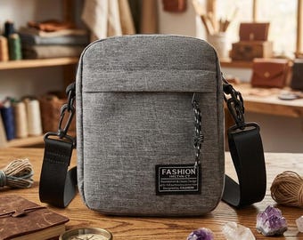 Grey Canvas Crossbody Bag – Minimalist Unisex Travel Satchel, Tech Pouch