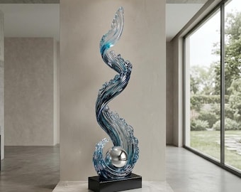Blue Ocean Wave Art Sculpture with Polished Chrome Sphere