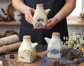 Handmade Ceramic Soy Sauce Dispenser, Japanese Style Oil Cruet, Artistic Pottery Kitchen Decor