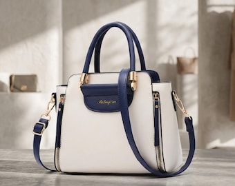 Two Tone Navy Cream Leather Satchel Bag, Gold Hardware Crossbody Shoulder Tote