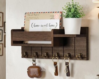 Wall Mounted Entryway Organizer – Rustic Brown Mail Holder with Key Hooks