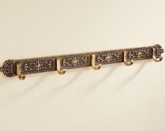 Antique Brass Ornate Filigree 5-Hook Wall Rack – Victorian Entryway Coat Holder