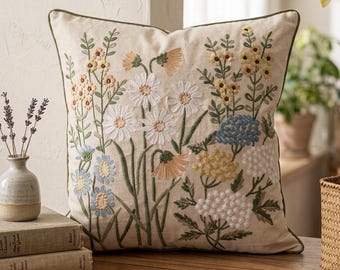 Embroidered Floral Cushion Cover, Hand-stitched Wildflower Pillow Case, Washed Linen Decor