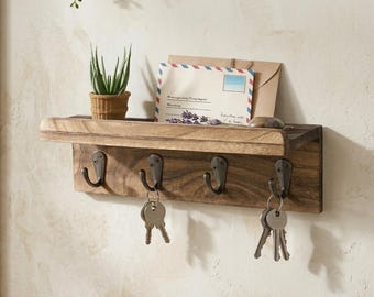 Wooden Key Holder with Shelf, Rustic Farmhouse Entryway Organizer, 4 Hooks