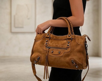 Genuine Brown Suede Motorcycle Tote Handbag with Braided Handles and Tassel Zipper Pulls