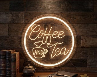 Round Coffee and Tea Neon Sign, LED Cafe Wall Light, Cozy Coffee Station Decor