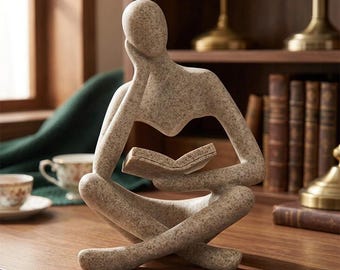 Abstract Thinker with Book Sandstone Sculpture – Desk/Office/Bookshelf Decor