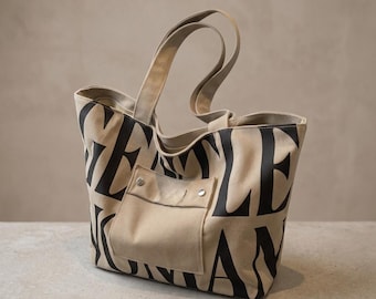 Large Canvas Tote Bag – Bold Monogram Print Shoulder Purse, Beige Handbag