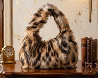 Leopard Print Faux Fur Hobo Bag – Plush Y2K Underarm Shoulder Bag
