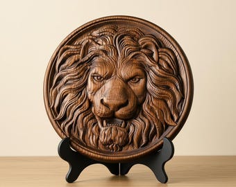 Handcrafted Lion Head Wood Carving Plaque, Retro Rustic Animal Wall Art