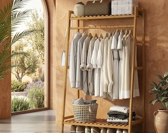 Wooden Clothes Rail with Shoe Storage – Freestanding Garment Rack, Open Wardrobe Organizer for Bedroom