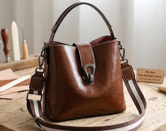 Brown Leather Bucket Bag – Minimalist Shoulder Crossbody Purse with Striped Strap