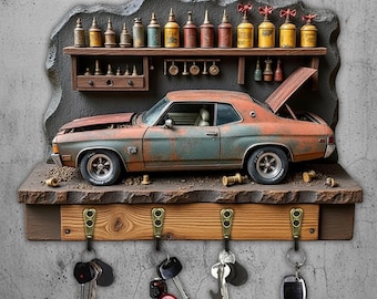 Vintage Muscle Car Key Holder, Wooden Wall Mount Organizer, Car Enthusiast Decor
