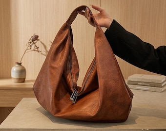 Brown PU Leather Slouchy Hobo Bag, Large Soft Shoulder Tote, Minimalist Messenger Purse